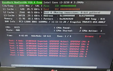 MemTest86 檢測畫面顯示記憶體出現多筆錯誤訊息｜台中電腦維修
