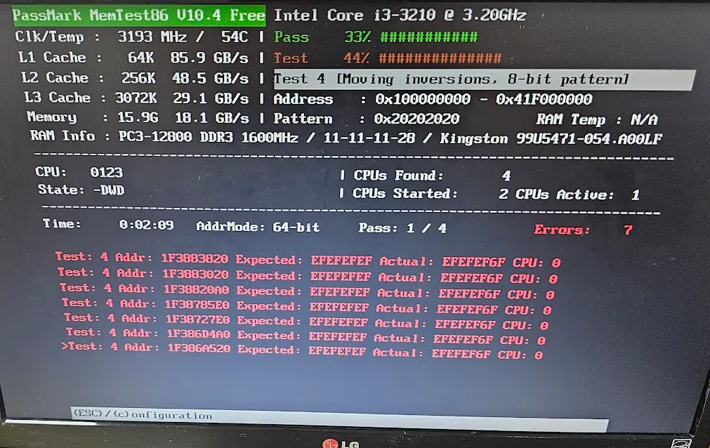 MemTest86 檢測畫面顯示記憶體出現多筆錯誤訊息｜台中電腦維修